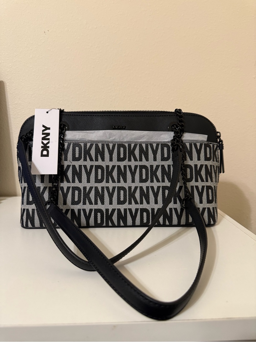 DKNY Black and White Logo Pattern Crossbody Bag